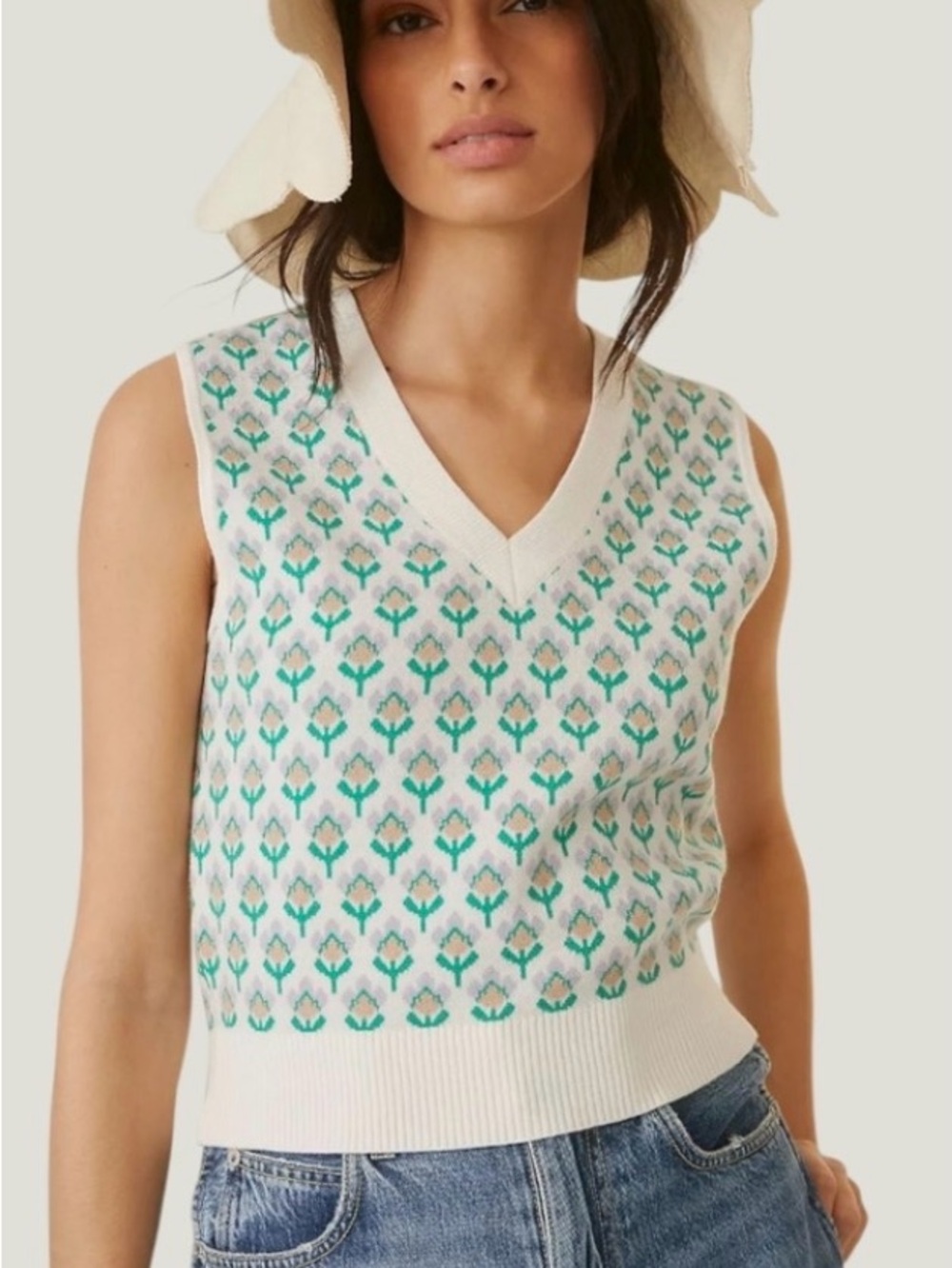Maeve for Anthropologie Vera Jacquard sweater vest, white with flowers, XL
